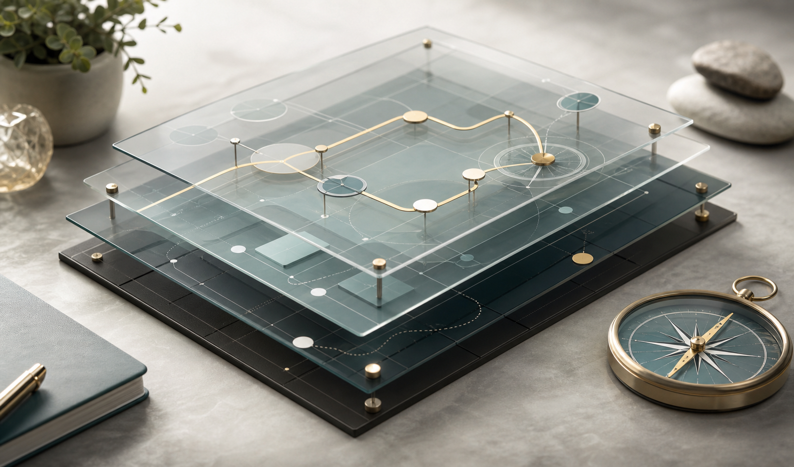 Abstracte governance-visual met roadmap, beslispunten en kompasvorm