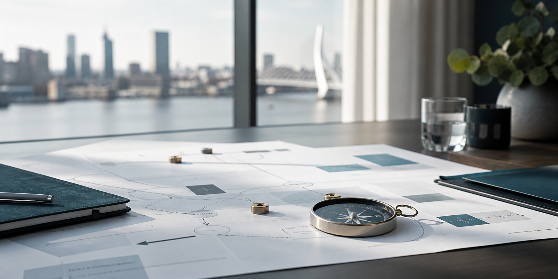 Strategietafel met kompas en roadmap als beeld voor aanpak en richting